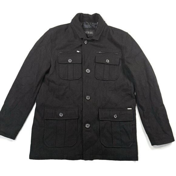 Guess Military Coat Jacket Mens Large L Wool Blend Button Up Field Pea Coat - Picture 1 of 5